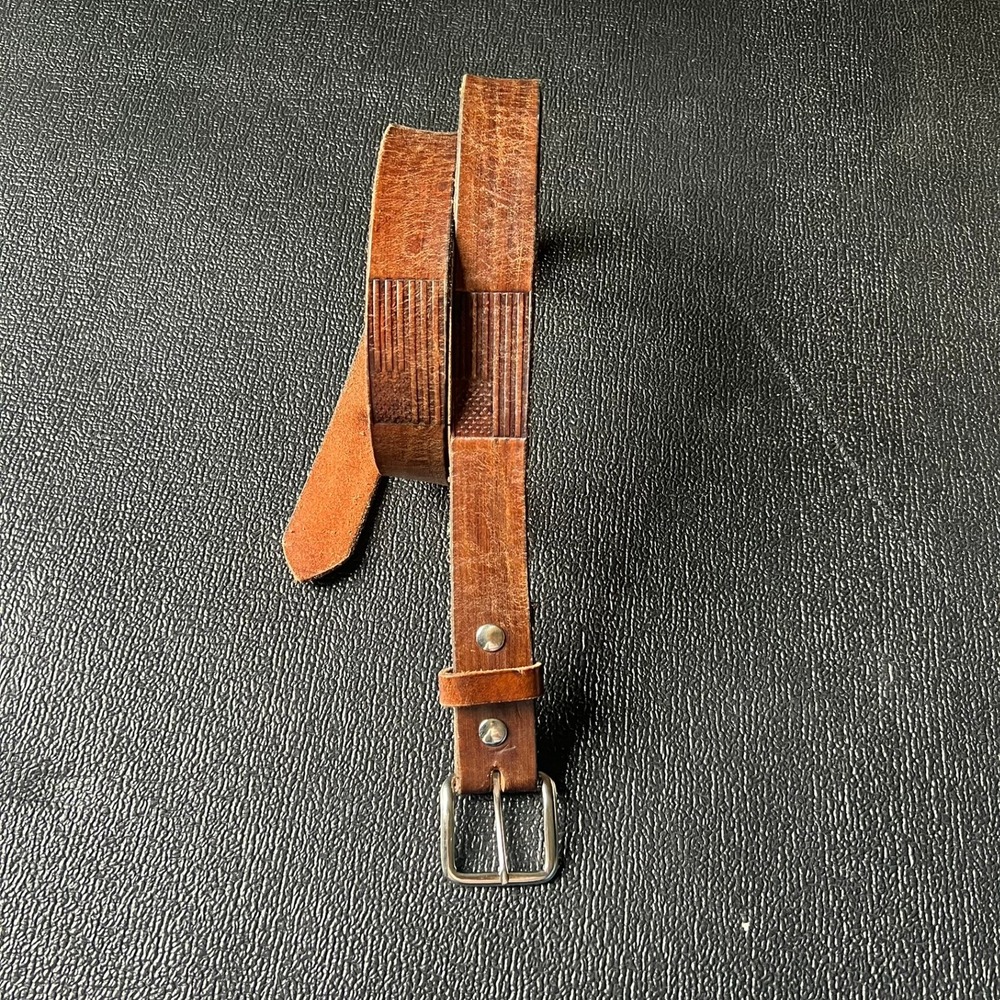 Brown Distressed Genuine Leather Belt American Flag Embossed Made in USA 38